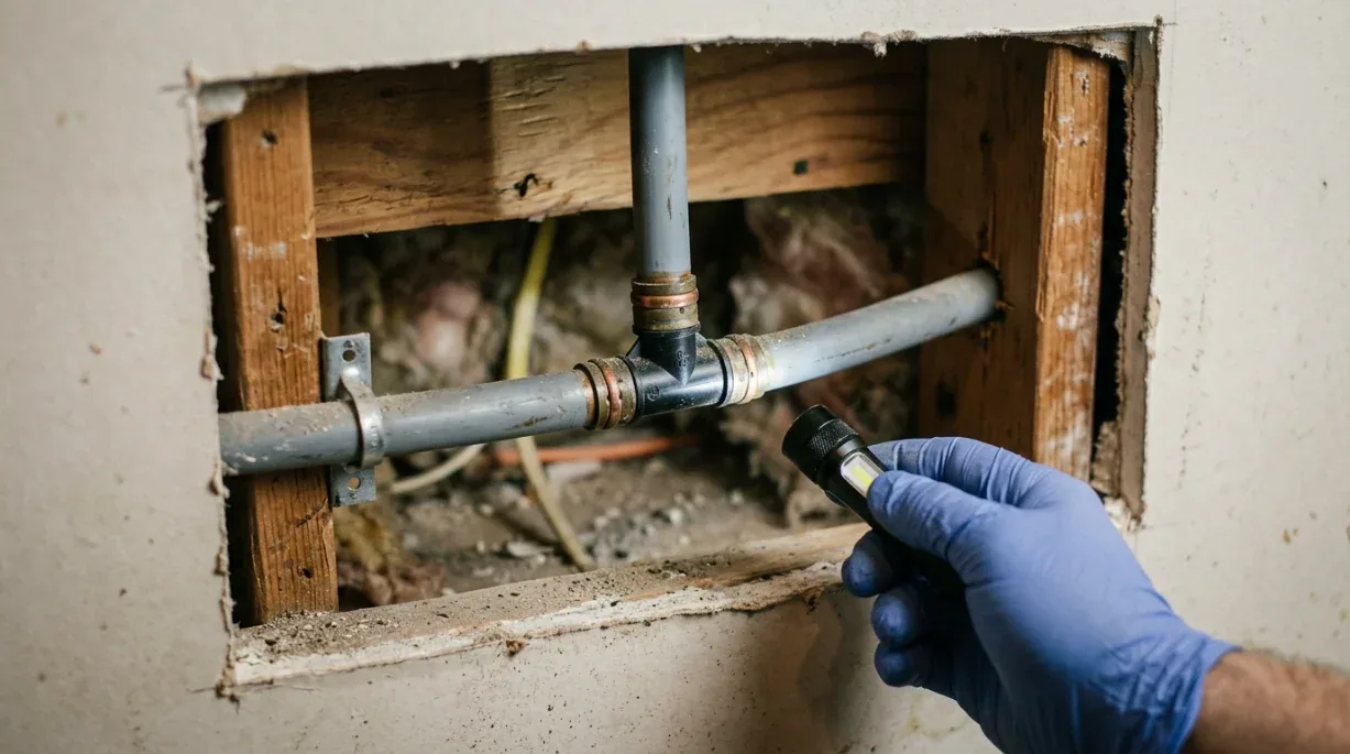 Identifying gray polybutylene supply pipe and acetal fittings in a Marietta GA home